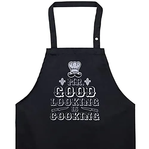 EXPRESS-STICKEREI BBQ Grillschürze - Lustige Kochschürze für Grillfans - Verstellbare Latzschürze für Männer/Frauen - Küchenschürze mit Spruch Mr. Good Looking is cooking - Kochschürze