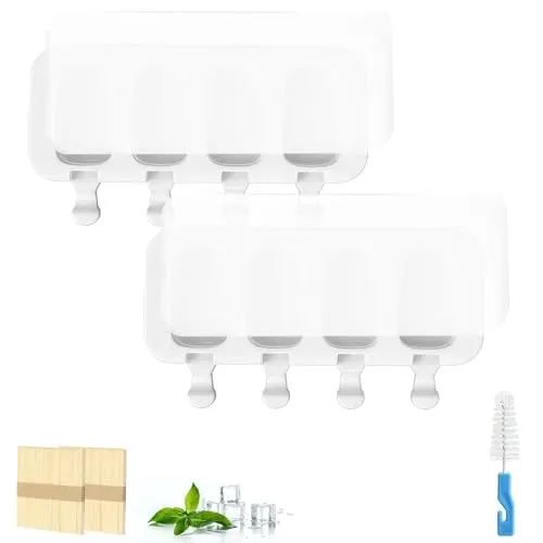 2er-Set Eisformen, 4 Vertiefungen für Eis am Stiel, wiederverwendbare Eisformen aus Silikon, mit 100 Holzstäbchen, mit Einer Reinigungsbürste und Zwei Deckel, BPA-frei, für DIY Stieleis