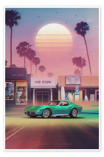 Posterlounge Wandbild Synthwave Sunset Drive, Denny Busyet, erhältlich als Poster, Leinwandbild, Wandsticker oder Acrylglasbild