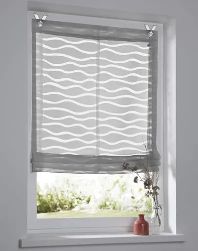 Raffrollo Enya grau mit Ösen - halbtransparent und modern - Raffrollos aus halbtransparentem Stoff mit elegantem Wellen-Dessin. Pflegeleicht und waschbar, ideal für stilvolle Sichtschutzlösungen in jedem Raum.