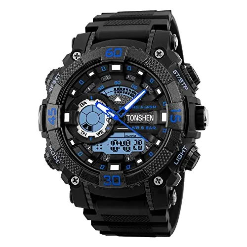 TONSHEN Herren Analog Quarz Uhr Wasserdicht LED Digitaluhr Militär Tactical Outdoor Sportuhr Doppel Zeit Modische Plastik Lünette mit Silikon Band Armbanduhr EL Licht Uhr für Männer Jugen (Blau)