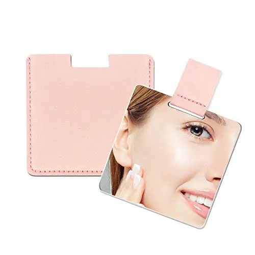 Fixleren Ultra Dünn Taschenspiegel, unzerbrechlicher Edelstahl, mit PU-Ledertasche, leicht zu tragen, leicht und geeignet für Make-up, Camping, Reisen (pink)