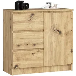 Raumhirsch Furniture Kommode Eiche Artisan, 80x77x35 cm - Elegante Kommode aus hochwertigem Holzwerkstoff mit 3 Schubladen und Tür – ideal für Schlafzimmer oder Wohnzimmer. Pflegeleichte Oberfläche und kompaktes Design für vielseitige Nutzung.