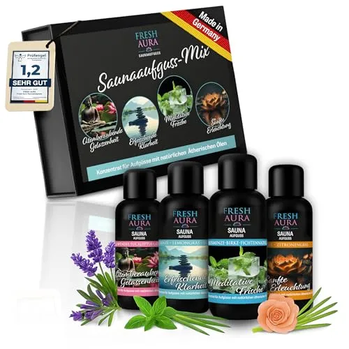 FRESH AURA Saunaaufguss Set – Sauna Aufgussmittel Geschenkset 4 x100 ml mit natürlichen ätherischen Ölen – Sehr ergiebige und langanhaltende Saunadüfte – Erfrischend aromatisch | Made in Germany