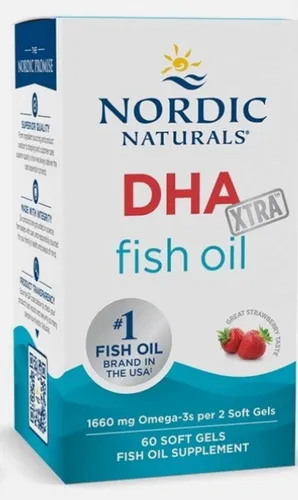 Nordic Naturals DHA XTRA Fischöl 1660 mg Erdbeere - 60 Softgels - Nahrungsergänzungsmittel mit 1660 mg DHA pro Portion, unterstützt die Gehirnfunktion und hat einen köstlichen Erdbeergeschmack.