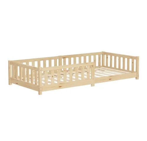 ML-DESIGN Spielbett Bodenbett Holzbett mit Lattenrost & Rausfallschutz Jugendbett Babybett, Abenteuerbett 90x200cm Natur Kinderbett Bettgestell ohne Matratze