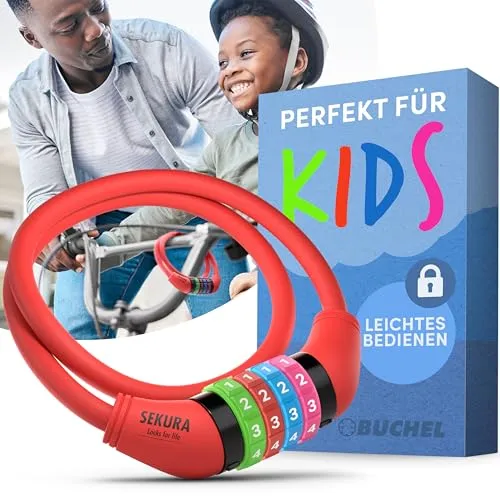 Büchel Fahrradschloss Kinder I Farbenfroh und ohne Schlüssel I Zahlenschloss, fahrrad zubehör, fahrradschloss fahrradzubehör, 65 cm, Rot