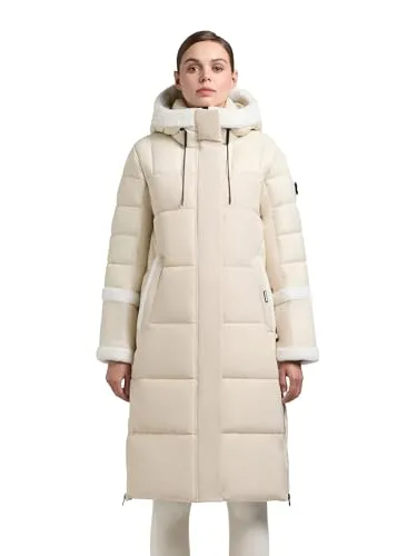 khujo Damen langer Wintermantel warmer Steppmantel Parka mit Plüsch-Elementen, innenliegendem Taillenzugband, Rucksackträgern und magnetischer Abdeckleiste Desna2 Cotton Cream Gr. L