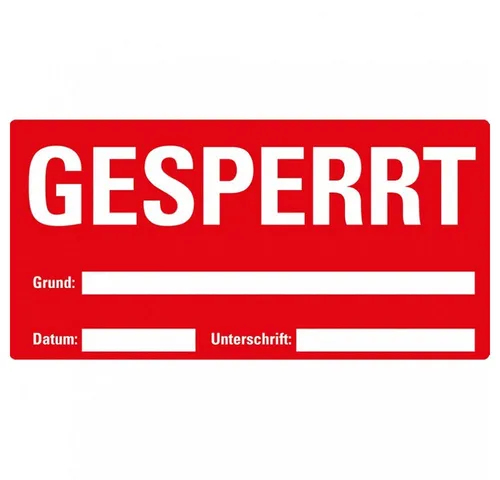 Dreifke Hinweisschild Etikett GESPERRT - Beschriftbares, ablösbares Hinweisschild in rot, ideal für temporäre Absperrungen. Maße: 148x74mm, perfekt für Veranstaltungen oder Baustellen.