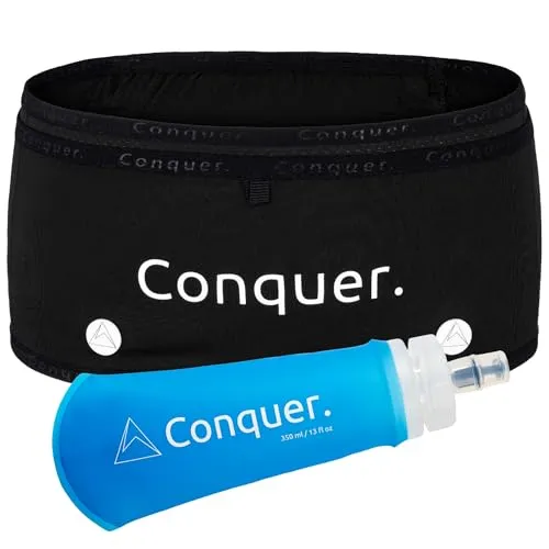 Conquer. Laufgürtel - Trink Gürtel für Joggen, Laufen und Wandern - Laufgürtel mit enger Passform und vier Taschen für Smartphone, Riegel und mehr. Atmungsaktiv und bequem, ideal für Training und Outdoor-Aktivitäten.