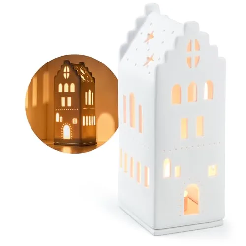 com-four® Teelichthaus aus Porzellan - Häuschen aus mattem Porzellan mit Teelichtuntersatz - Leuchthaus - Stilvolle Raumdekoration in Form eines Hauses (21.5 cm)