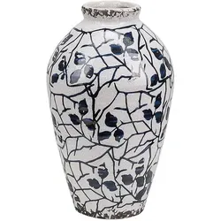 Blumenvase aus Steinzeug weiß 22 cm mit blauem Blumenmotiv - Vase im rustikalen Stil, handgefertigt und wasserdicht. Schmale Öffnung ideal für Dekorationspflanzen, auch ohne Pflanzen ein Kunstobjekt. Perfekt als Geschenk!
