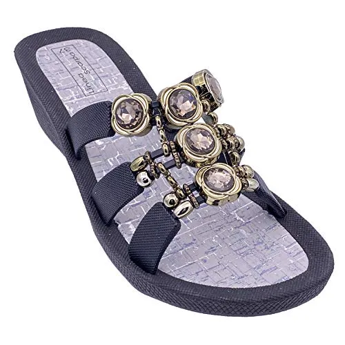 Linea Scarpa Damen Badeschuhe Korfu mit elegantem Dekor und Absatz - Innensohle Kork Optik - (Schwarz, Numeric_41) - fällt eher klein aus