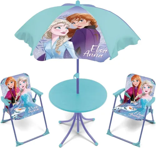 ARDITEX WD16133 Tisch-Set mit 2 Stühlen und Sonnenschirm - Praktisches Tisch-Set mit 2 Stühlen und Sonnenschirm, ideal für drinnen und draußen. Robust, platzsparend und mit Sicherheitsverschluss für sicheres Spielen. Perfekt für kleine Fans von Disney-Frozen!