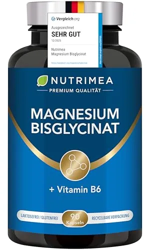 Magnesium Bisglycinat + Vitamin B6 - Hochdosierte Kapseln für optimale Bioverfügbarkeit - Magnesiumpräparate mit 100% veganen Kapseln. Unterstützt Stressbewältigung, besseren Schlaf und Muskelregeneration durch schnelle Aufnahme und hohe Verträglichkeit.