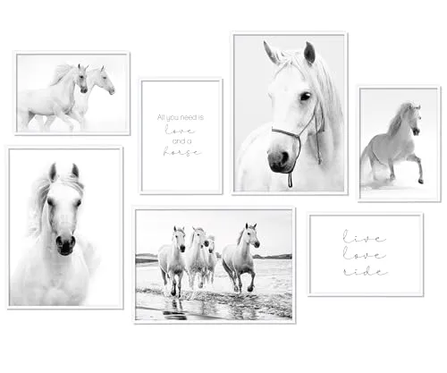 Hyggelig Home Premium Poster Set - 7 passende Bilder im stilvollen Set - Collage Deko - Set Pferde - mit Rahmen weiss