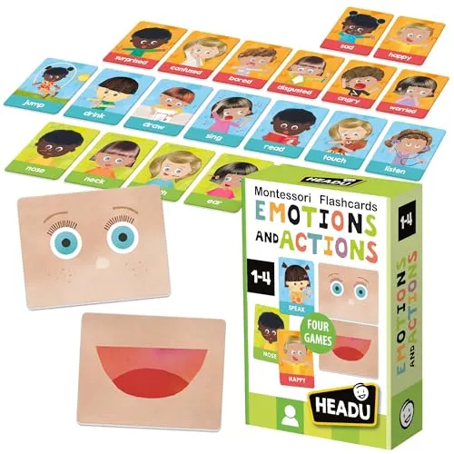 Headu Montessori-Lernkarten – Emotionen und Aktionen – Spielen Sie mehrere Lernspiele, Lernspiele und Puzzles, Alter 1–4 Jahre
