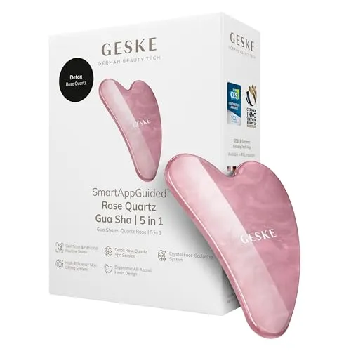 GESKE SmartAppGuided Rose Quartz Gua Sha | 5 in 1 | Massagen für Gesicht & Körper | Hautstraffung | Anti-Schwellungen | Face Yoga | Aus Rosenquarz| Handliches & ergonomisches Design | Gua Sha