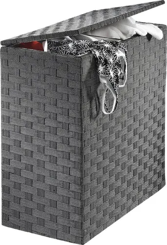 Home affaire Wäschesortierer mit Klappdeckel - Moderne Wäscheaufbewahrung mit zwei Fächern für Farbsortierung, stabiler Holzrahmen und elegantes Punktemuster - ideal für jedes Bad.