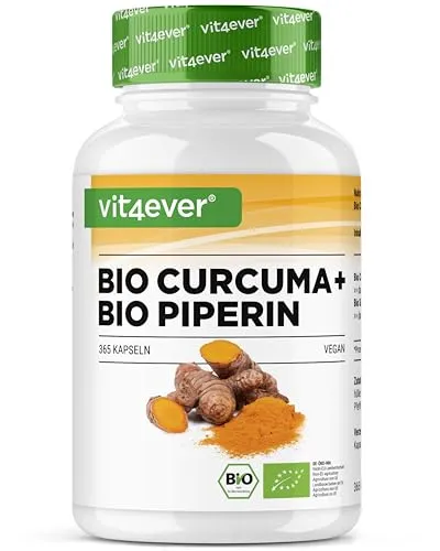 Bio Curcuma mit schwarzem Pfeffer - 365 Kapseln - 4511 mg Bio-Curcuma (Kurkuma) pro Tagesdosis - mit Curcumin & Piperin - 100% Bio-Qualität - Hochdosiert - Vegan