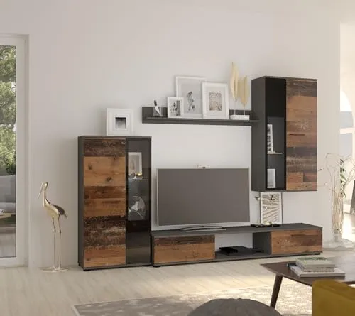 Salsa Wohnwand Schrankwand Anbauwand Wohnkombi - Moderne TV-Möbel & Schrankwände, 4-teilig in Old Wood und Matera, bietet viel Stauraum und stilvolles Design für Ihr Wohnzimmer.