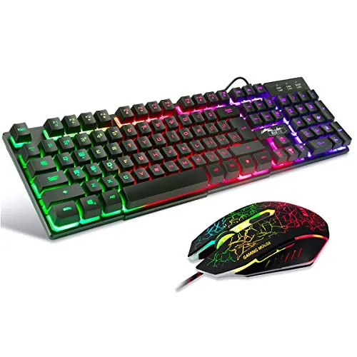BAKTH Gaming Tastatur und Maus Set, LED Hintergrundbeleuchtung QWERTY US Layout, Regenbogen Farben Beleuchtete USB Wasserdicht Tastatur und Maus mit 2400 DPI für Pro PC Gamer