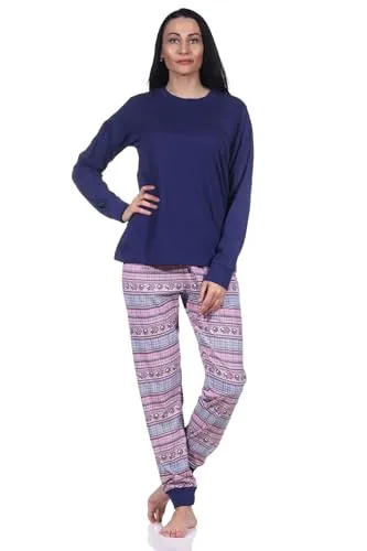 Normann Damen Schlafanzug mit Bündchen Pyjama im wunderschönen Ethnolook, Farbe:Navy, Größe:48-50