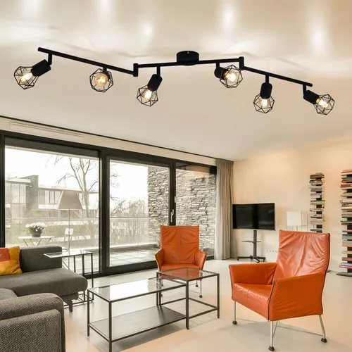 Retro Deckenstrahler 6-flammig Schwarz - Lampen: Elegante Deckenleuchte mit 6 beweglichen Spots aus Metallgeflecht, ideal zur individuellen Lichtgestaltung in Wohnräumen.