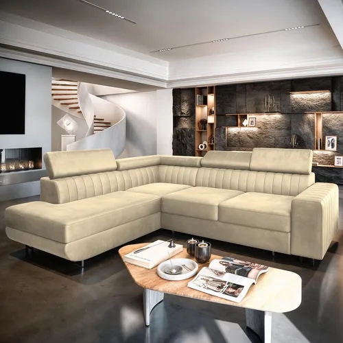 Masseno Ecksofa NOLA L-S mit Schlaffunktion - Sofa mit Bettkasten und verstellbaren Kopfstützen, ideal für Gästeübernachtungen und bietet eleganten Stauraum - perfekt für jedes Wohnzimmer!