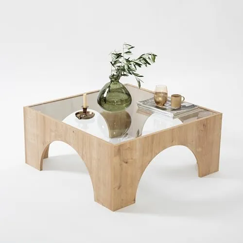 Hanah Home Modern Coffee Table, 80 cm x 80 cm x 35 cm, 100% Tempered Glass & Melamine Coated Chipboard, Oak & Transparent | Stylish & Functional Design, Easy Assembly