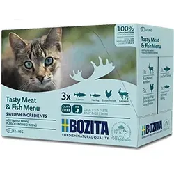 BOZITA Multibox Mixpack Lachs, Hering, viel Huhn, Rentier - Häppchen in Soße 12x85g Pouch Portionsbeutel - getreidefreies Nassfutter für erwachsene Katzen