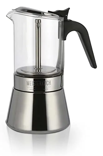 MEISTERKOCH Espressokocher Mokkakanne aus Edelstahl und Glas, Induktion, für alle Herdarten, 360 ml, 4-6 Tassen, Griff aus Nylon, rostfrei, temperaturbeständig, Espressomaschine, Camping