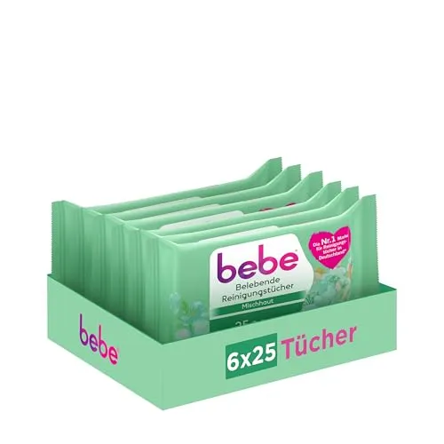 bebe Belebende Reinigungstücher (6 x 25 Tücher), gründlich reinigende Abschminktücher für Mischhaut mit Jojobaöl, milde Gesichtsreinigungstücher entfernen bis zu 99% wasserfestes Make-up