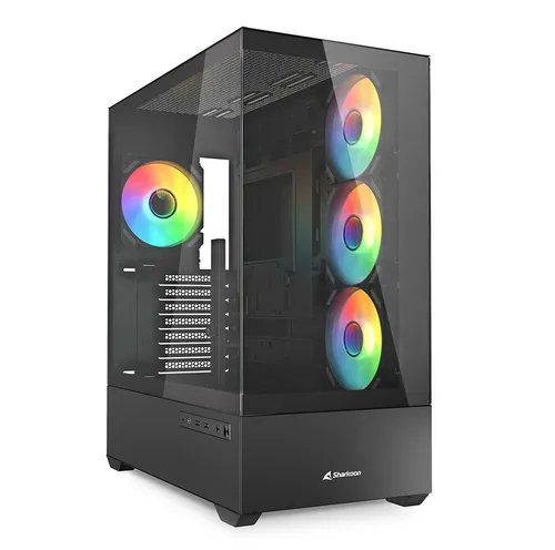 Sharkoon AK6 RGB PC Gehäuse, ATX, Schwarz - PC-Gehäuse mit modernem Glasdesign und optimalem Airflow dank vier RGB-PWM-Lüftern. Platz für große Grafikkarten und bis zu zwei Radiatoren für effiziente Kühlung.
