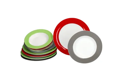 12tlg Tafelservice VARIANT TRIO für 6 Personen - Farbenfrohes Porzellan-Set - Services: Farbenfrohes Tafelservice in Rot, Grau und Grün, ideal für gemütliche Mahlzeiten und vielseitig einsetzbar, spülmaschinen- und mikrowellengeeignet.