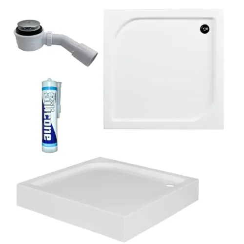 ECOLAM Duschwanne Duschtasse Oskar Viereck quadratisch 80x80 x16 cm Tiefe 4 cm Acryl weiß + Siphon + Silikon (80 x 80 cm)