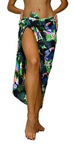 King Kameha Funky Hawaii Cover-up Pareo Sarong, Parrot Cockatoo, Schwarz, Gross