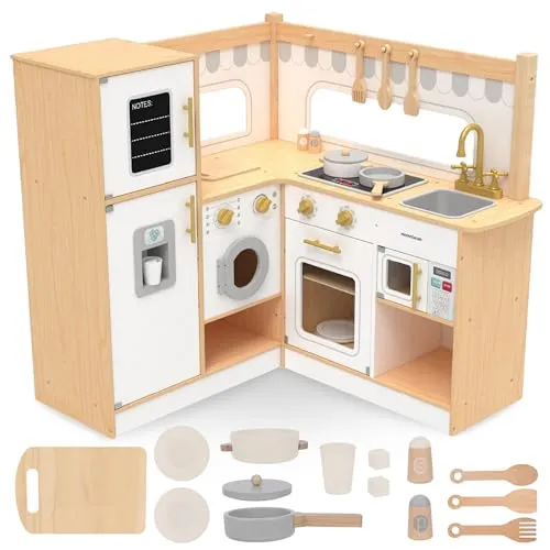 Mamabrum XXL Eck-Holzküche - Interaktive Spielküche mit Kühlschrank, Backofen und Waschmaschine, realistische Geräusche und LED-Beleuchtung für kreatives Rollenspiel