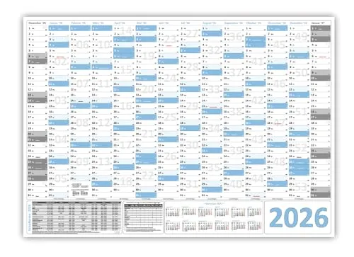 XXL Wandkalender Wandplaner 2026 hellblau (gerollt) DIN A0 Format (841 x 1189 mm) 14 Monate, komplette Jahresvorschau Folgejahr und Ferientermine Feiertage aller Bundesländer
