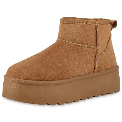 VAN HILL Damen Plateau Boots Plateau Profilsohle Bequem Schuhe 213728 Hellbraun 38