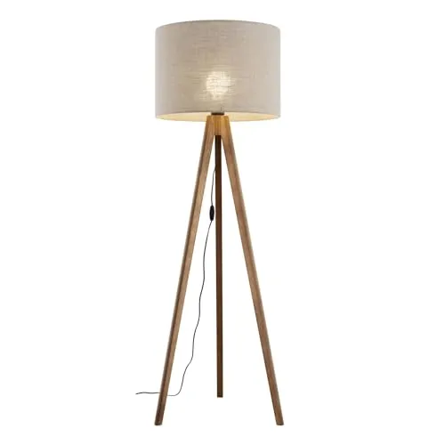 Skandinavische Stehlampe Metall Stoff 145 cm - Dreibein Nussbraun Beige - Elegante Stehlampe mit blendarmem Leinen-Schirm für angenehmes Licht im Wohnzimmer. Das stilvolle Dreibein-Gestell aus Holz bringt wohnliches Flair und ist ideal für neben dem Sofa.