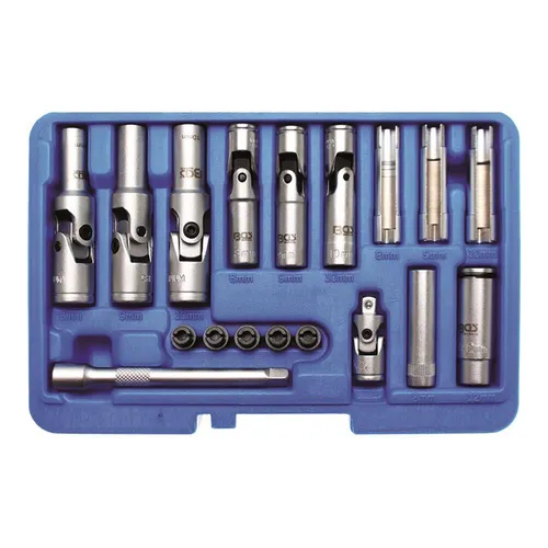 BGS Glühkerzen-Einsatz-Satz 18 teilig - Druckluft-Schlagschrauber-Set zur Demontage und Montage von Glühkerzen, inkl. 5 Schutzkappen gegen Verschmutzung und elektrostatische Aufladung für optimale Sicherheit.