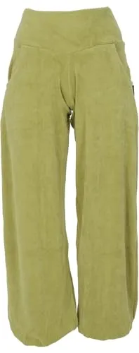 GURU SHOP Boho Samt Pluderhose - Bequeme Wohlfühlhose für Damen in Grün, Größe M - Sportliche Pluderhose aus Baumwolle mit breitem Bund und schmalem Bein. Die seitlichen Taschen und der elastische Beinabschluss sorgen für zusätzlichen Komfort. Ideal für entspannte Tage oder Yoga.