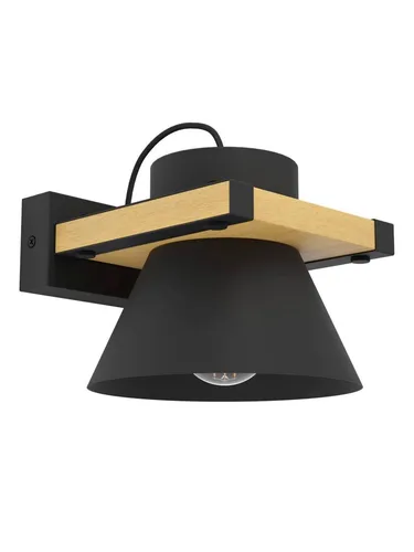 EGLO Wandleuchte MACCLES - Stilvolle Wandlampe aus Stahl und Holz - Moderne Wohnzimmerlampe mit industriellem Look, kombiniert schwarzen Metall-Schirm mit FSC-zertifiziertem Holz, ideal für Wand- und Deckenmontage.