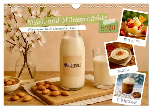 Milch und Milchprodukte Wandkalender 2026 - DIN A4 quer Monatskalender mit köstlichen Ideen für Milchrezepte, ideal für Liebhaber der Küche und Genussmenschen.