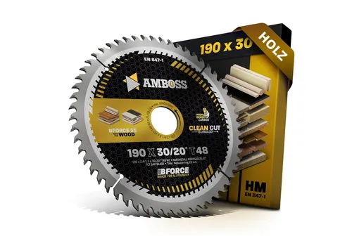 Amboss Kreissägeblatt HM 190mm - Z48 für saubere Schnitte - Kreissägeblätter mit innovativer Clean Cut Technology für extra scharfe und saubere Schnitte in Holz. Ideal für Hand- und Tischkreissägen, perfekt für preisbewusste Handwerker.