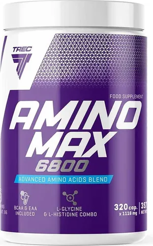 Trec Nutrition Amino Max 6800 - 320 Kapseln - Hochwertiges Nahrungsergänzungsmittel mit vollständigem Aminosäureprofil. Ideal zur Unterstützung des Trainings mit zusätzlichem L-Glutamin und Vitaminen für optimale Nährstoffaufnahme.