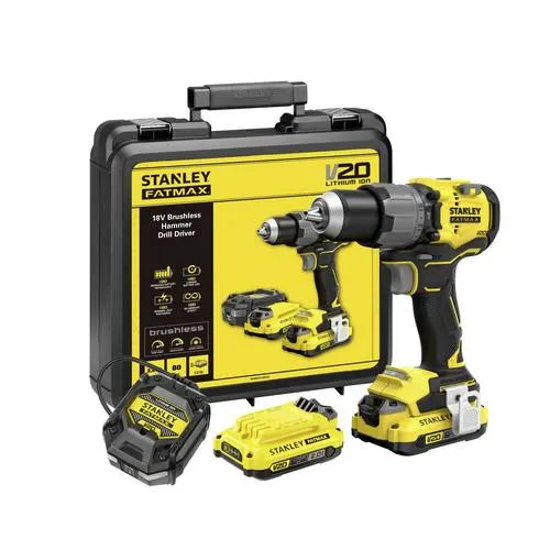 Stanley Akku-Schlagbohrmaschine 18V V20 - Akkuschrauber mit 2x2.0Ah Akkus, ergonomisches Design für komfortables Arbeiten und vielseitige Einsatzmöglichkeiten in privaten und professionellen Bereichen.