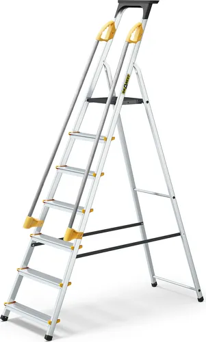 DRABEST PRO Serie Alutrittleiter 7 Stufen - Stehleiter bis 150 kg belastbar, mit ergonomischen Handläufen für sicheren Auf- und Abstieg sowie Anti-Rutsch-Stufen für maximale Sicherheit.