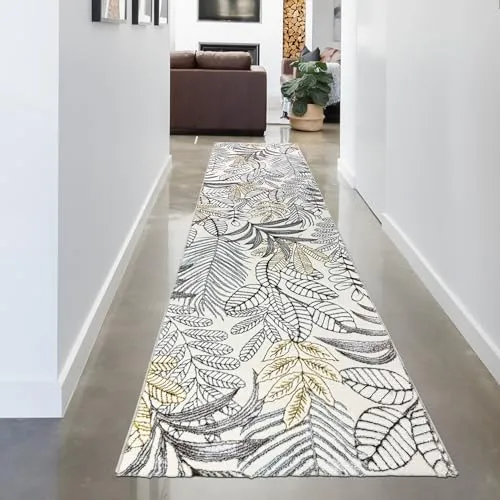 CARPETIA Teppich Kurzflorteppich Flur Läufer lang Wohnzimmer Schlafzimmer Blätterdesign mit Glanzoptik modern strapazierfähig Creme 80 x 300 cm